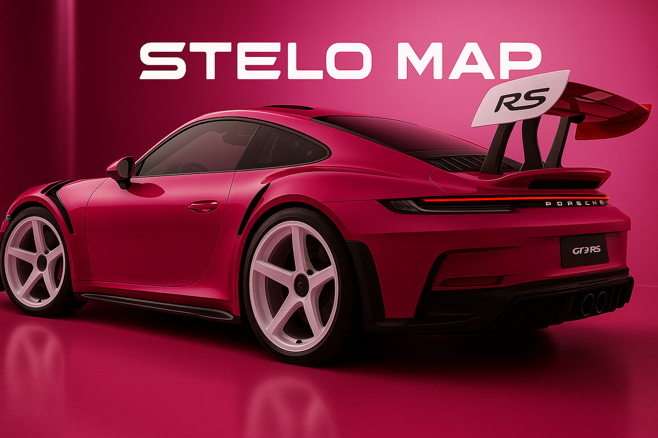 STELO MAP : lettrage blanc sur fond fuchsia et Porsche 911 GT3 RS framboise aux jantes blanches
